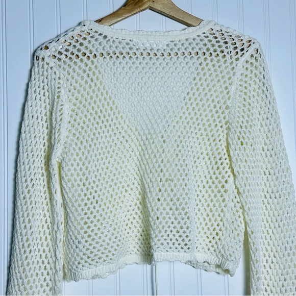 All in Favor Cream Crochet Cardigan S Tie-Front 3D Floral Cropped Relaxed Fit - Picture 7 of 9